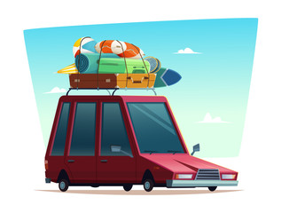 Cartoon modern retro illustration of traveling by car or summer camping