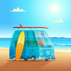 Surf bus on the sandy beach. Summer surfer vacation vector cartoon illustration