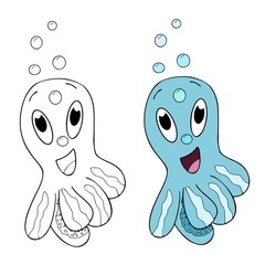 The little cute octopus is blowing bubbles on the white background, line art, coloring book, page, children illustration,  game, isolated element, animal of sea