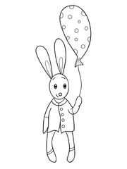 Cute little rabbit, bunny, hare with balloon dressed shirt is smiling, standing on the white background, coloring book, page, line art, vector animal, cartoon character