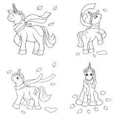 Cute four unicorns dressed the scarf, autumn season, coloring book, page, vector set, cartoon character,  flaying leafs, children fantasy, line art