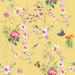 Fototapeta premium Watercolor painting of leaf and flowers, seamless pattern