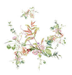 watercolor painting of leaves and flower, on white background