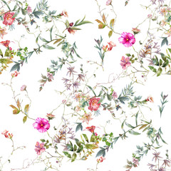 Watercolor painting of leaf and flowers, seamless pattern on white background