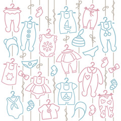 Baby clothing hanging on ropes. Linear style vector illustration