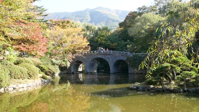 Tourists taking photos of the beautiful scenery around Bulguksa temple, Gyeongju, South Korea
