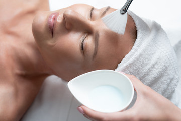 Useful rest. Close up portrait of smiling middle aged woman with closed eyes enjoying beauty procedure. Cosmetologist hands holding bowl with clay and using cosmetic brush for applying mask on lady
