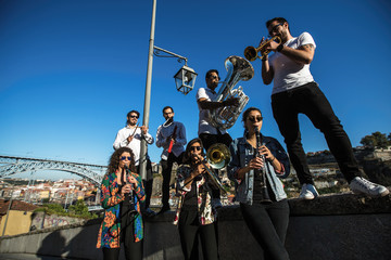 Jazz band, a group of musicians play music in the Old downtown of Porto, Portugal.