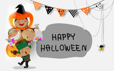 Cute little kids having fun and happy laughing halloween party candy trick or treat party decoration,invitation card for holidays moon,bat,cartoon art design background 