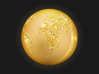 Planet earth is golden colored, with sparkles on a dark background.