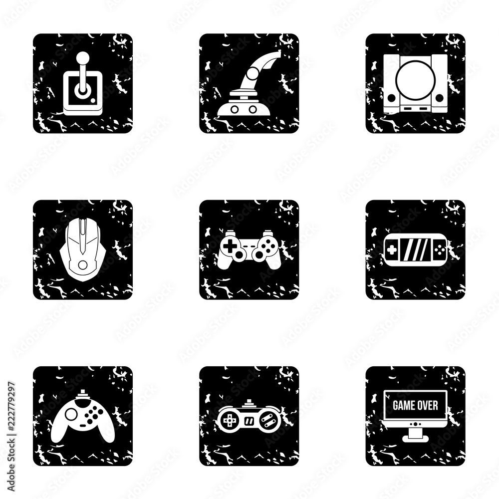 Poster game console icons set. grunge illustration of 9 game console vector icons for web