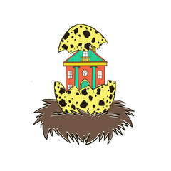 House in a bird's nest. Illustration. Illustration isolated on white background, logo, t-shirt design.