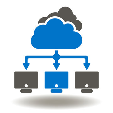 Cloud Network Shared Computer Icon Vector. Networking Computing Information Technology Illustration. Web Data Center Logo. Internet Database Storage Symbol.