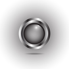 Abstract circle badge, blank button template with metal texture (chrome, silver, steel), realistic shadow and light background. Vector illustration.