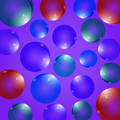 Isolated colorful realistic glass bubbles with reflection on a colored background. Isolated blowing bubbles for your design.
