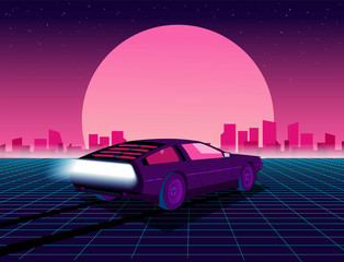 Retro future. 80s style sci-fi background with supercar. Futuristic retro car. Vector retro futuristic synth illustration in 1980s posters style. Suitable for any print design in 80s style