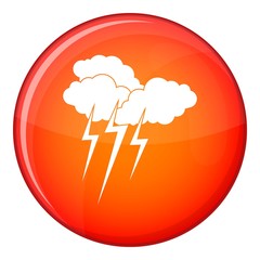 Cloud with lightnings icon in red circle isolated on white background vector illustration