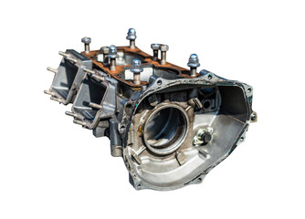 Fototapeta premium A disassembled block of a two-cylinder engine isolated on a white background with a clipping path.