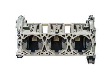 Fototapeta premium A disassembled of a three-cylinder engine block isolated on a white background with a clipping path.