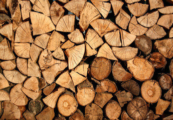 A pile of stacked firewood, prepared for heating the house.