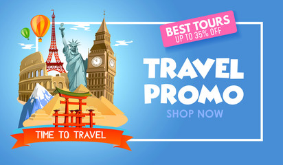 Travel agency promo banner with discounts for tours. Vector illustration.