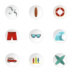 Surfing in sea icons set. Flat illustration of 9 surfing in sea vector icons for web