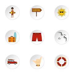Surfing icons set. Flat illustration of 9 surfing vector icons for web