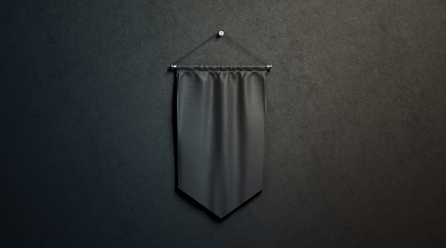 Blank Black Rhombus Pennant Mockup, Hang On Black Wall In Darkness, 3d Rendering. Empty Wall Mounted Flag Mock Up. Hanging Penant Template, Front View.