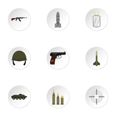 Equipment for war icons set. Flat illustration of 9 war vector icons for web