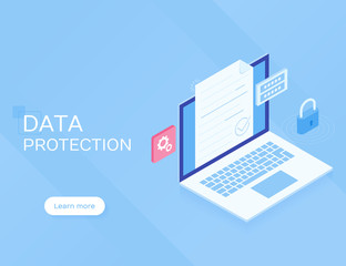 Data protection concept. Flat isometric vector illustration isolated on blue background