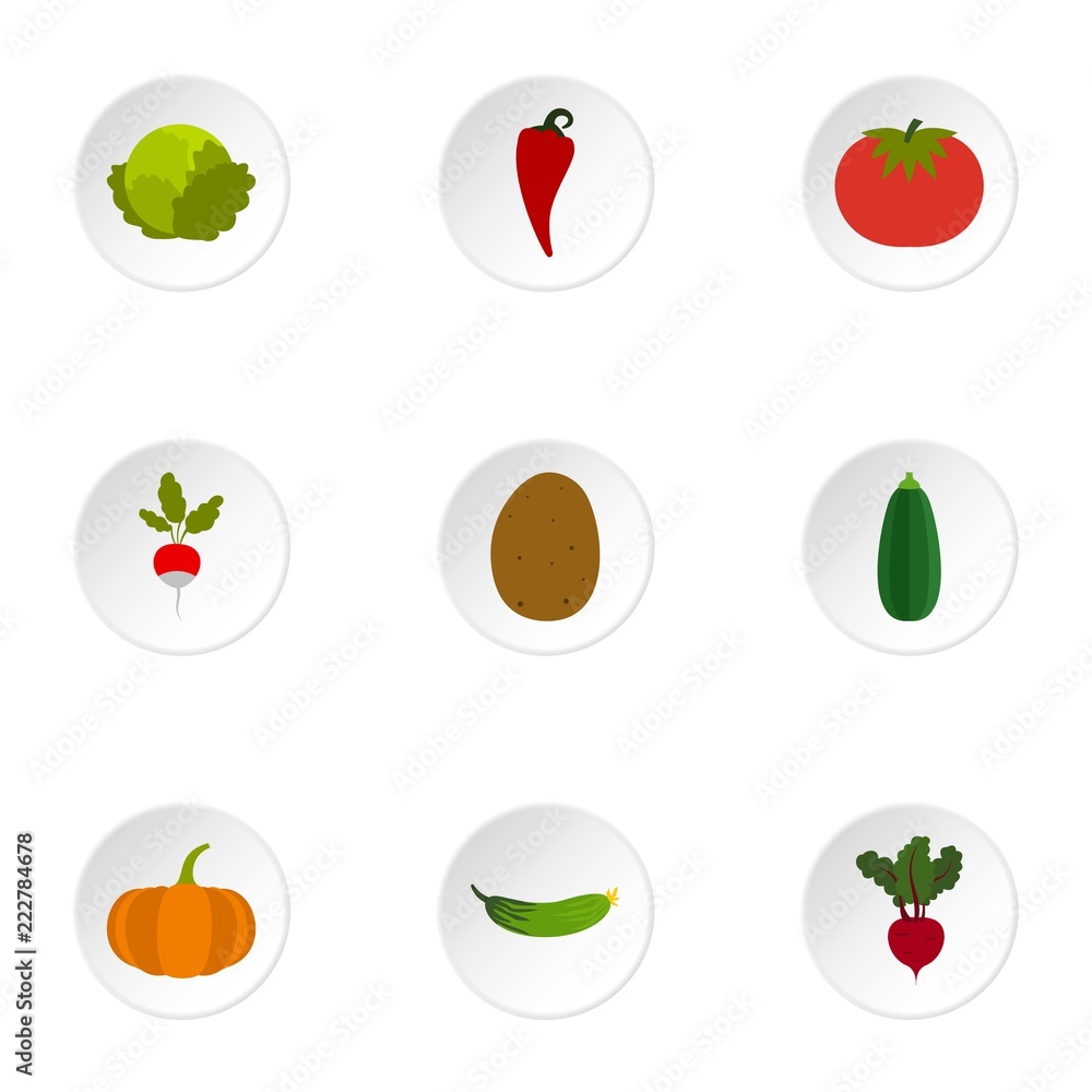 Poster types of vegetables icons set. flat illustration of 9 types of vegetables vector icons for web