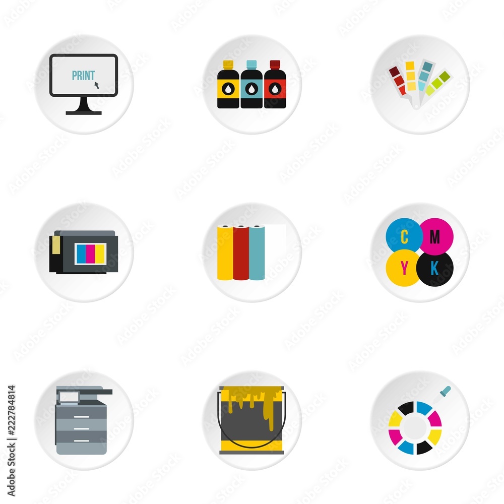 Poster printing in polygraphy icons set. flat illustration of 9 printing in polygraphy vector icons for web