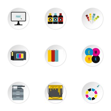 Printing in polygraphy icons set. Flat illustration of 9 printing in polygraphy vector icons for web