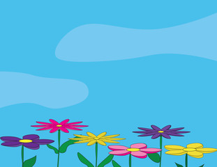 Fototapeta premium Vector spring illustration. Colorful flowers on Blue sky background