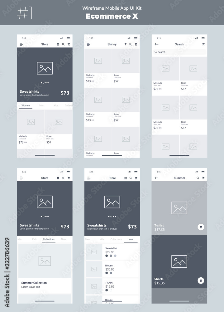 Sticker wireframe kit for mobile phone. mobile app ui, ux design. new ecommerce screens: store, all products