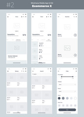 Wireframe kit for mobile phone. Mobile App UI, UX design. New ecommerce screens: store, category, filter, all products, search, collections, new, feed.