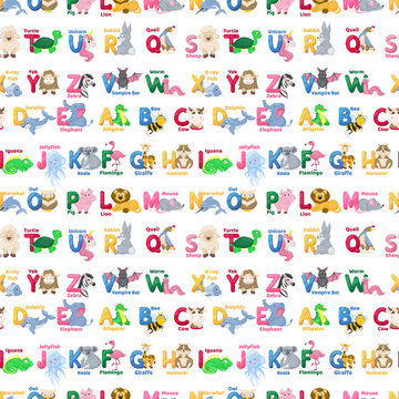 Zoo animals alphabet seamless pattern abc vector background cute cartoon wild characters illustration.