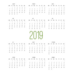 Calendar 2019, Week starts from Sunday, business template vector illustration.