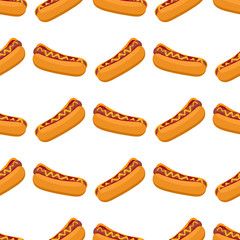 Hot dogs with sausage, tomato ketchup and mustard sauce seamless pattern fast food american dinner vector illustration