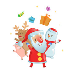 Obraz na płótnie Canvas Santa, snowman, deer, and piggy cartoon Christmas card. Colorful flat vector illustration. Isolated on white background.