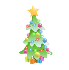 Christmas decorated tree and gift boxes. Christmas and New Year elements. Colorful flat vector illustration. Isolated on white background.