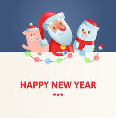 Happy Ney Year with Santa, Snowman and piggy. Colorful flat vector illustration.