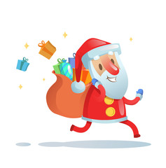 Santa Claus on the run to deliver christmas gifts. Colorful flat vector illustration. Isolated on white background.