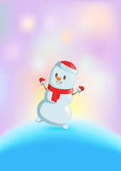 Funny snowman in red scarf dancing among bright lights. Christmas card. Colorful flat vector illustration. Isolated on white background.