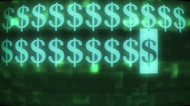 green dollar sign fast typing on old glitch curved led lcd display animation background loop - new quality retro vintage numbers letters finance techno joyful video footage
