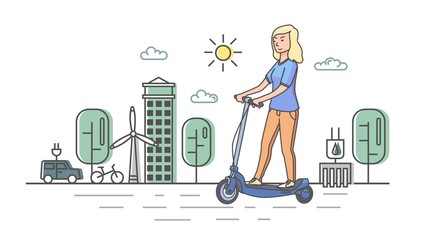 Young blonde girl riding electric scooterboard on stylized eco-city background. Flat line vector illustration. Horizontal.