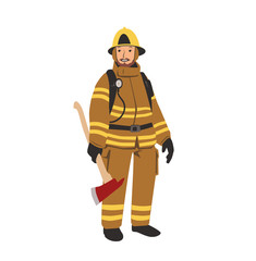 Firefighter character with an axe. Colorful flat vector illustration. Isolated on white background.