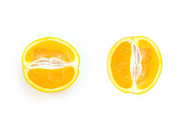 Two halves of orange on a white background.
