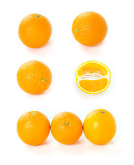 Set of fresh whole, cut and slices orange. Group citrus fruit isolated on white background.
