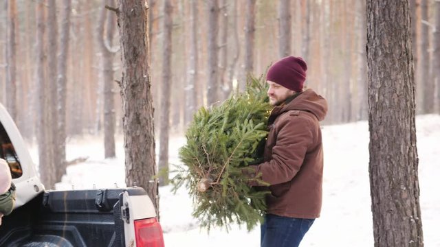A stylish dad with a beard loads a New Year tree in the car's body, on which a young wife and child are sitting